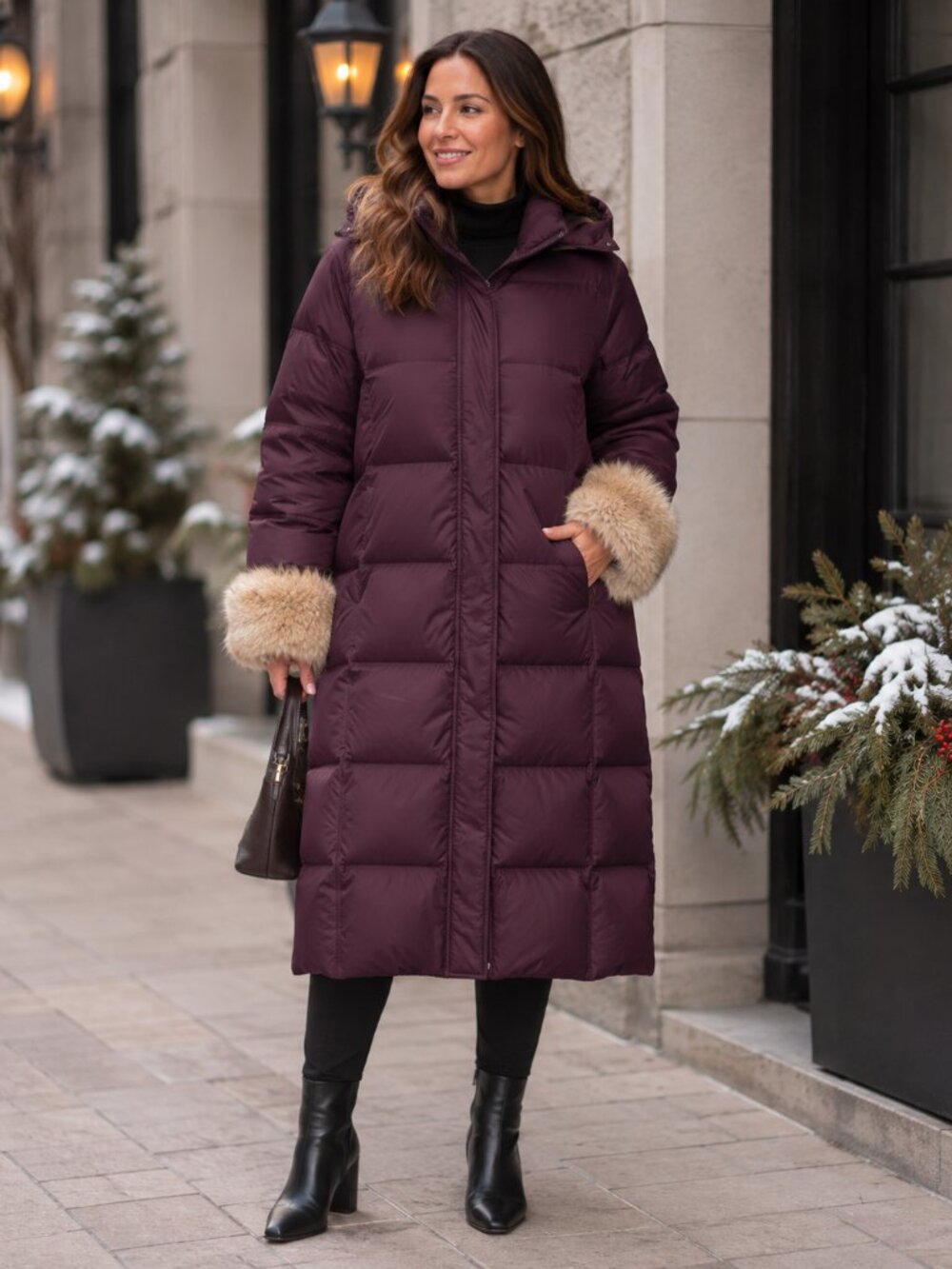 Maroon Brown Down Long Winter Puffer Coat - XL